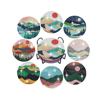 Kit de Peinture Diamant 5D DIY Paysage avec Sous-Verres Ronds en Strass et Support – Décoration de Table pour la Maison