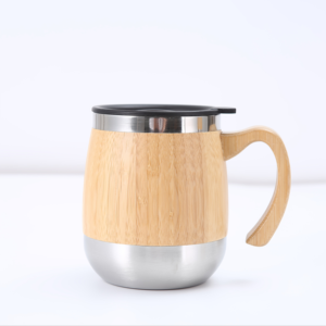 Natural Bamboo Wood Grain Stainless Steel Coffee <b>Mug</b> with Lid Handle <b>Double</b> <b>Wall</b> Insulated Travel Tea Cup - Product Image 1