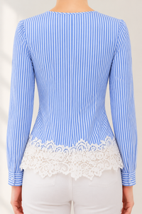 Camicetta da Donna Personalizzata OEM con Maniche Lunghe a Righe <span class=keywords><strong>Blu</strong></span> e Bianche e Finiture in <span class=keywords><strong>Pizzo</strong></span> Nuova Moda - Product Image 2