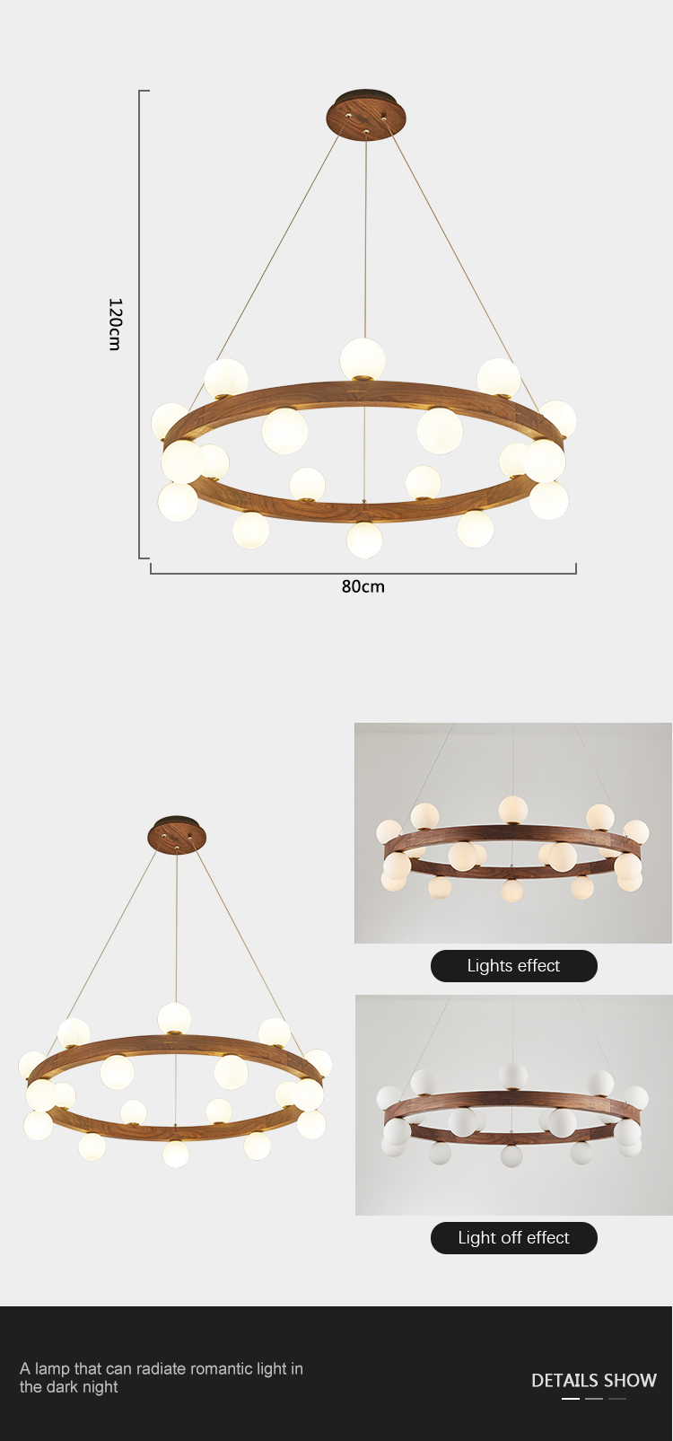 New Design Style Decoration Bedroom Interior Walnut Wooden Glass Round G9 Chandelier Light