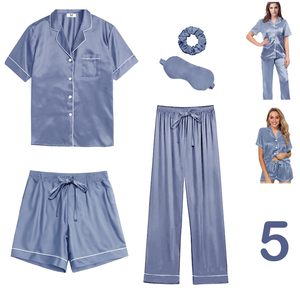 Kunden spezifische Luxus 5-teilige einfarbige kurze modale Seide Satin Baumwolle Bambus hose passende Pyjamas Damen Pyjama Set - Product Image 3