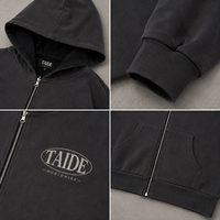 TaiDe Sweat à capuche zippé court noir délavé 400GSM, coupe vintage ample et oversize, fabricant de vêtements OEM ODM sous marque privée