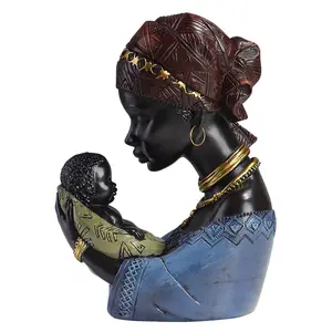 圣诞礼物非洲艺术黑色半身像雕塑现代装饰非洲裔美国母亲和儿童树脂雕像