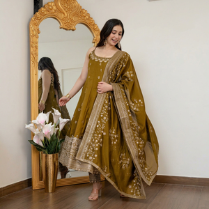 Ensemble Anarkali vert olive brodé avec dupatta, longueur ras du sol, tenue traditionnelle indienne et pakistanaise pour femme, coupe ample, idéal pour les mariages - Product Image 1