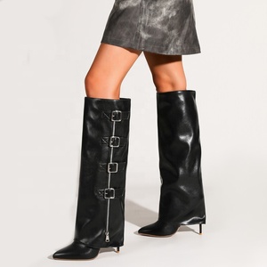 Metal Buckles <b>High</b> Slim Heels Women <b>Knee</b> <b>High</b> Overlay Boots Western Styles Pointed Toe Pants Long Booties Side Zipper Shoes - Product Image 2