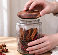 Pot de conservation en verre côtelé de 1000 ml avec couvercle hermétique en bois et bouton sphérique, récipient en borosilicate pour bonbons, haricots, aliments secs, cuisine