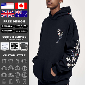 Sudadera con Capucha KingSen Personalizada de Alta Calidad para Hombre, 100% Algodón, Bordado Floral de Aves, Hombros Caídos, Corte Holgado, Informal - Product Image 2