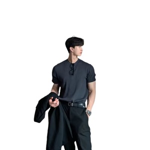 T-shirt tricoté à manches courtes pour homme, coupe ajustée, respirant, en soie glacée, pour l'été, décontracté - Product Image 5