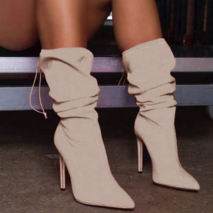 Plus Size 43 Solid Suede Upper Thin Heel Pointed Toe Half Knee High Women <b>Boots</b> Slip-on Mid-calf Daily Women Booties - Product Image 4