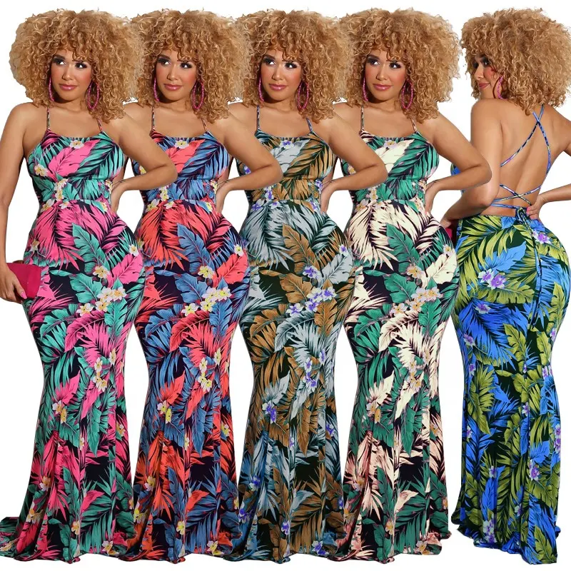 Summer clothes for women vacation casual strapless bandage dress backless sexy maxi dress botanical print green floral dress