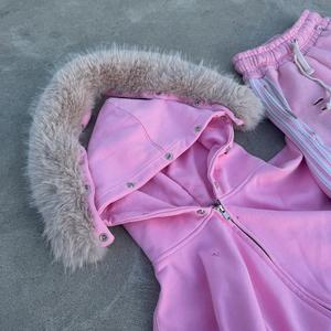 カスタム アシッドウォッシュ ダメージ加工 スクリーン プリント リップド フェイクファー フード付き ジップパーカー スウェットパンツ セット ガーメントダイ 刺繍 衣類 - Product Image 6