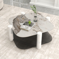 Table basse à double niveau Voxhome Luxury Nesting en blanc avec plateau en marbre et verre, meubles de salon, ensemble de tables centrales