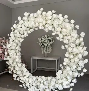 D-FR001 라운드 아치 배경 스탠드 웨딩 이벤트 배경 흰색 장미 행 흰색 인공 꽃 배열 꽃 아치 소품