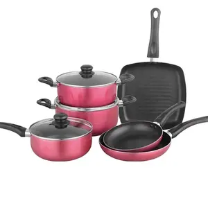 9pcs best selling high quality rosered color non stick cookware set saucepan aluminum cooking pans and pots gasand stove