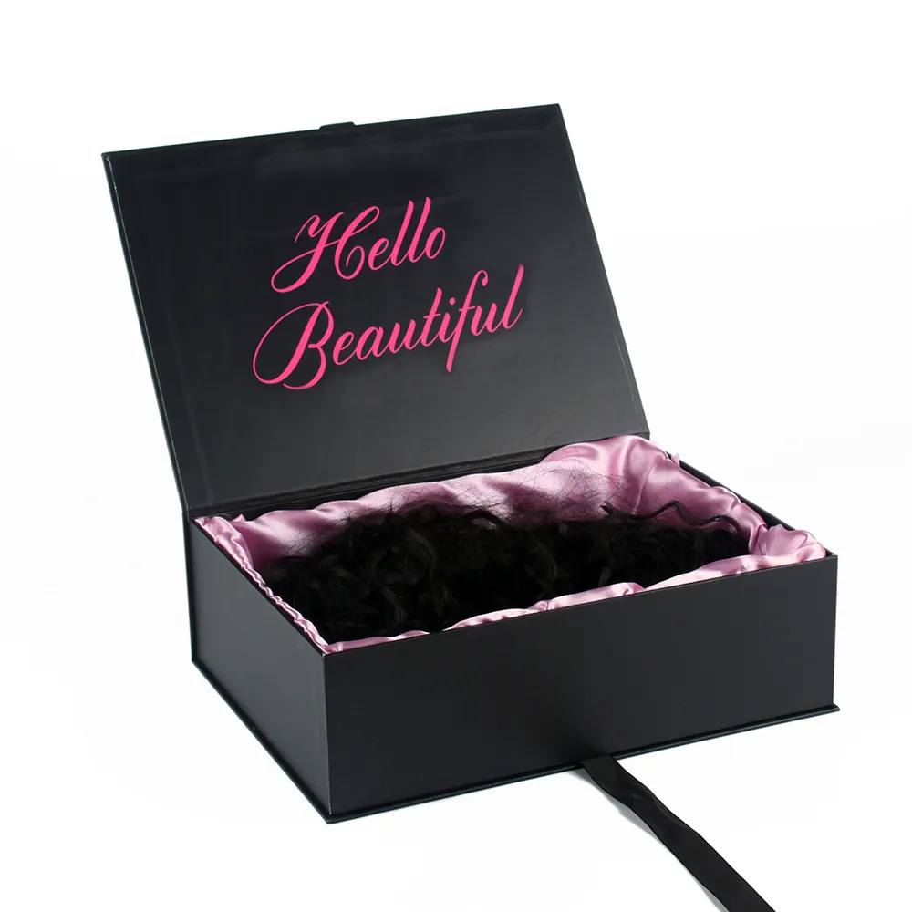 Großhandel Luxus Haar Perücke Verpackung Black Box Verschluss Benutzer definiertes Logo Magnetische Geschenk box Paket