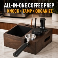 Station de tassage à café en noyer avec boîte de retrait des résidus, support pour porte-filtres 51/53/58 mm et organisateur d'outils à expresso