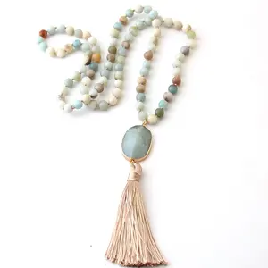 Fashion Wanita Kalung Etnik Bohemian Manik-manik Perhiasan Batu Alam Panjang Diikat Mata Harimau Amazonite Kalung Rumbai Panjang