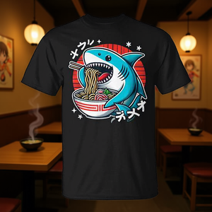 Camiseta Kawaii Neko con diseño de tiburón comiendo ramen, inspirada en la cultura japonesa, camiseta promocional - Product Image 3