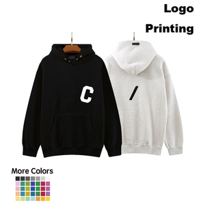 Felpa con Cappuccio in Pile Grigio Avena con Stampa Lettere ABC, Stile Europeo Americano, Collezione Invernale <span class=keywords><strong>Settima</strong></span> Stagione, Unisex, Vestibilità Ampia, con Tasca, di Alta Gamma - Product Image 1