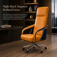 Silla de Oficina Giratoria de Lujo, Cuero Naranja, Estructura de Fibra de Carbono Azul, Reposabrazos Fijos, Respaldo Alto, Personalizable OEM ODM, Venta al Por Mayor