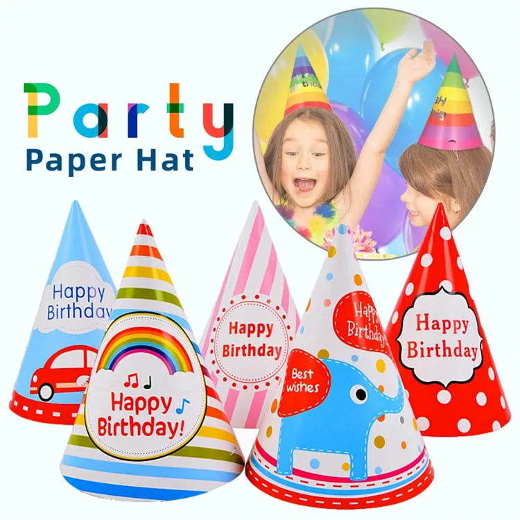 Gelukkige Verjaardag Party Papieren Hoed Kleurrijke Ontwerpen/Regenboog Ontwerp Verjaardagsfeestje Papieren Hoed/Topi Verjaardag