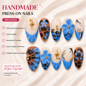 <span class=keywords><strong>Uñas</strong></span> Postizas Personalizadas al por Mayor, Diseño de Leopardo Azul 3D, Florales, Acrílicas, de Gel, Reutilizables, <span class=keywords><strong>Cortas</strong></span>, Almendradas, Premium, Hechas a Mano - Product Image 1