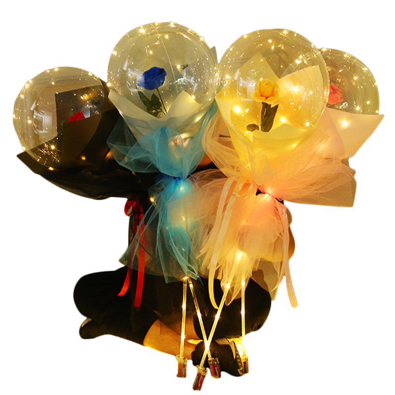 Led Bobo Transparent Light Up Balloons with String Lights & Rose Flowers for Party Birthday Wedding Festival Decorations