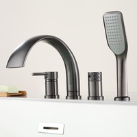 Robinet de lavabo cascade moderne à poignée unique en or brossé pour salle de bain, montage sur pont, 4 trous, avec douchette à main