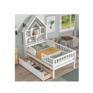 Montessori Twin House Bed Wood House Frame kualitas tinggi Amazon diskon besar perabotan kamar tidur anak dengan pagar dan penyimpanan