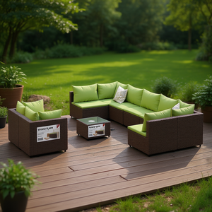 Set Divano da Esterno in Rattan Moderno 9 Posti, Arredamento da Giardino Marrone Verde Design Contemporaneo per Uso Residenziale - Product Image 2