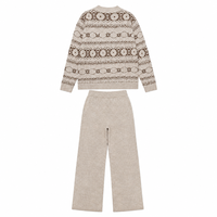 Ensemble pull tricoté jacquard Fair Isle beige personnalisé et pantalon large, motif géométrique, deux pièces côtelées à col polo, vente en gros OEM
