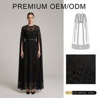 Robe longue noire taille haute pour femme, coupe ample avec fentes latérales, design ajouré personnalisé, collection fabricants, motif uni, dentelle