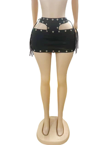 Completo Sexy in Due Pezzi in Ecopelle con Borchie, Top Senza Maniche con Lacci e Minigonna Aderente per <span class=keywords><strong>Donna</strong></span> - Product Image 4