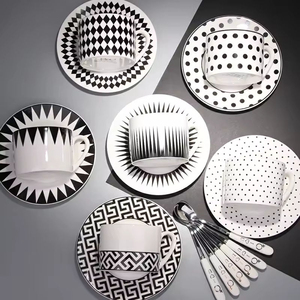 Nordic Creative Geometric Pattern Ceramic Coffee <b>Cup</b> Saucer Set Spoon Black White Sustainable Family Restaurant Hotel Use - Product Image 3