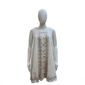<b>Women</b> White Sleeveless Button Down <b>Tunic</b> <b>Dress</b> with Black Geometric Tribal Print Boho Ethnic Casual - Product Image 1