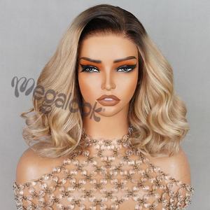 Ombre Rubio ceniza resaltar Bob <span class=keywords><strong>corto</strong></span> peluca ondulada 6x5 Rubio #2 marrón oscuro <span class=keywords><strong>cabello</strong></span> humano virgen sin pegamento frente de encaje peluca judía - Product Image 3