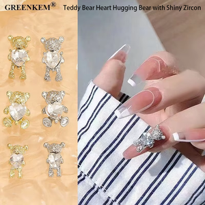 Oro Plata Nuevos accesorios para <span class=keywords><strong>uñas</strong></span> Oso de peluche Corazón Abrazar Oso <span class=keywords><strong>con</strong></span> circón brillante Nail Art Charms para <span class=keywords><strong>uñas</strong></span> Suministros Diseño - Product Image 2