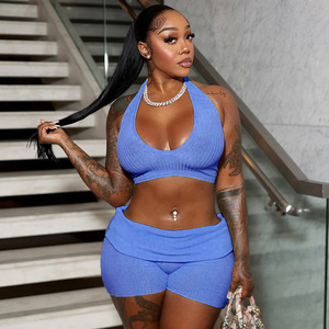 Completo Estivo da <span class=keywords><strong>Donna</strong></span> Due Pezzi, Top Halter Senza Schienale con Lacci e Shorts a Vita Alta, Set <span class=keywords><strong>Sexy</strong></span> Due Pezzi <span class=keywords><strong>Abbigliamento</strong></span> Femminile - Product Image 4