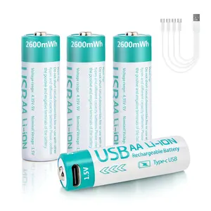Logo Marca Personalizado 1000 Ciclos 2600mWh USB Tipo-c Carga 1,5 V AA Recarga Baterías de iones de litio