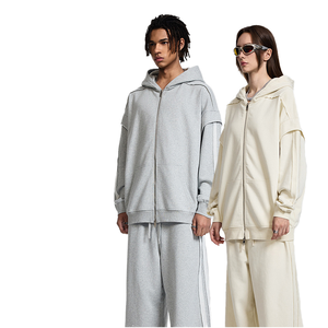 Men's Oversized Black <b>Hooded</b> <b>Zip</b>-Up Sweatshirt Set Casual Cotton French Terry Pants Solid Color Autumn Wear - Product Image 5