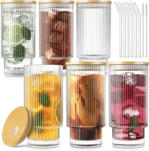 Стеклянные чашки, 6 наборных ребристых стаканов с крышками и соломинками