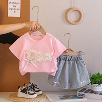 Ensemble 2 pièces pour filles, haut à manches courtes avec décoration florale en perles 3D et short en jean, tenues décontractées d'été pour enfants