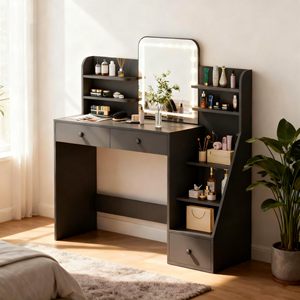 Tocador <span class=keywords><strong>de</strong></span> Maquillaje con Espejo LED, 5 Estantes Inclinados, 7 Espacios <span class=keywords><strong>de</strong></span> Almacenamiento Abiertos, 3 Cajones e Iluminación Ajustable - Product Image 1