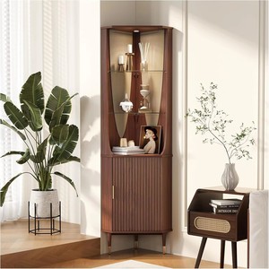 Vitrina Esquinera Moderna de Madera con Estantes de Vidrio, 70.1 Pulgadas de Alto, Estantes Ajustables, Mueble para Sala de Estar - Product Image 1