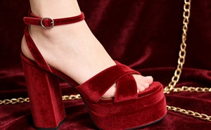 Sandali <span class=keywords><strong>con</strong></span> Plateau in Velluto Rosso, Tacco Alto, <span class=keywords><strong>Cinturino</strong></span> alla Caviglia Annodato, Tacco Grosso, Marrone, Scarpe da Donna per Feste Estive e Club - Product Image 6