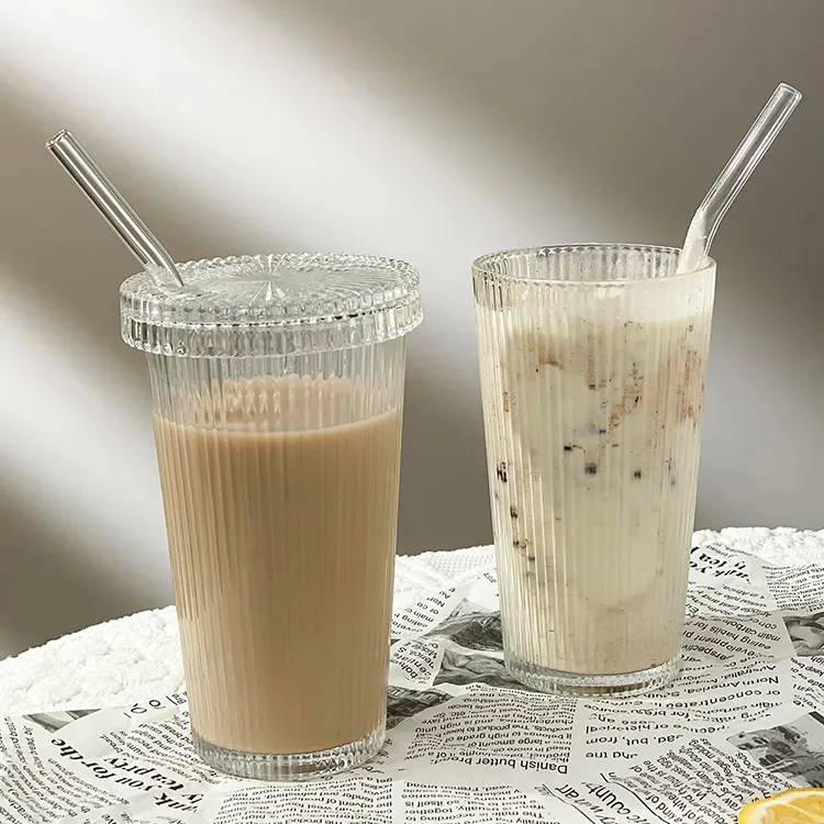 Custom Ribbed Glass Tea Cups Wholesale Coffee Cup Tumblers Custom Travel Coffee Mug With Glass Lid And Straw