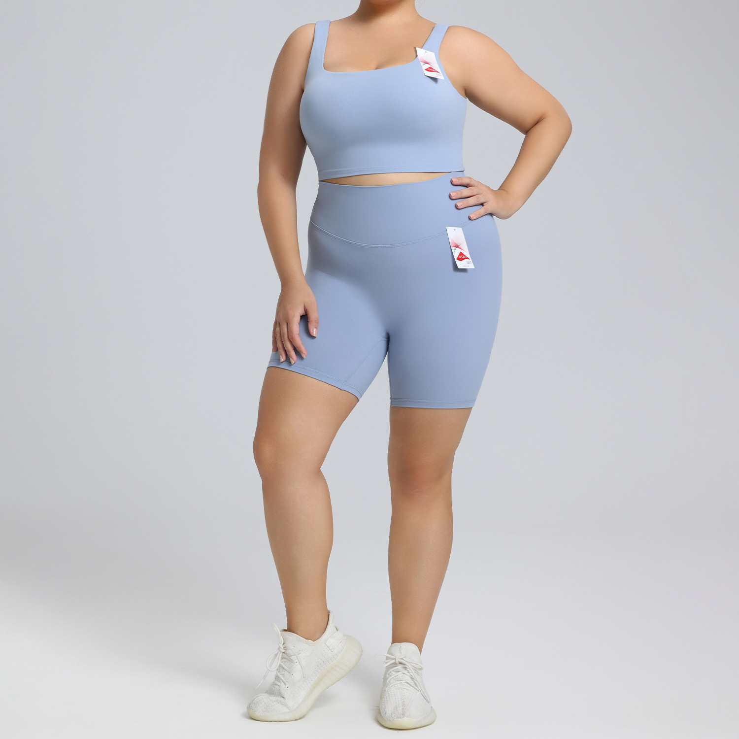Women's Plus Size Leggings Off-the-Shoulder Sports Bra High-Waisted Yoga Shorts 2-Piece Set Breathable Quick Dry