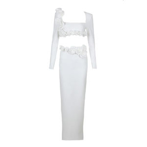 Elegante Completo Bianco con Rose 3D, Top Corto e Gonna Lunga Personalizzati dal Produttore, Colletto Quadrato, Lunghezza Corta, Tinta Unita per Donne - Product Image 5