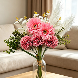 Bouquet floral artificiel CallaFloral, chrysanthème ping-pong violet et rouge en tissu tissé plastique, décoration de mariage et de maison, cadeau - Product Image 2