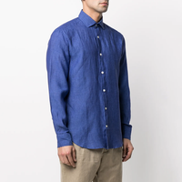 Kemeja Linen Pria Warna Navy Lengan Panjang, Ujung Bawah Melengkung, Kancing Depan, Kerah Klasik, Manset Berkancing, Ujung Bawah Melengkung, Produksi OEM